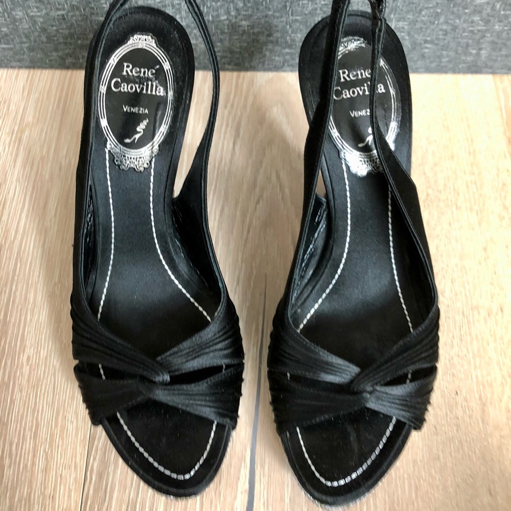 Rene Caovilla Vintage Black Silk and Crystal Platform shoes in Size 6.